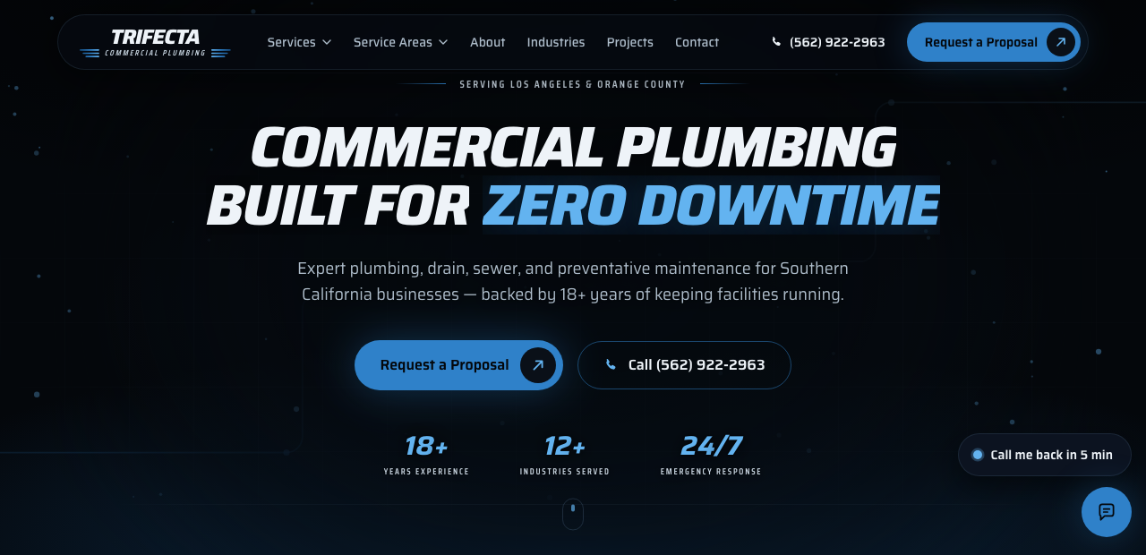 Trifecta Commercial Plumbing website homepage - commercial plumbing across Southern California